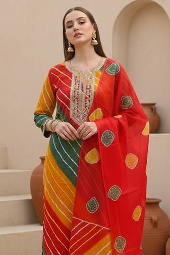 Multicolor printed georgette kurta trouser dupatta set