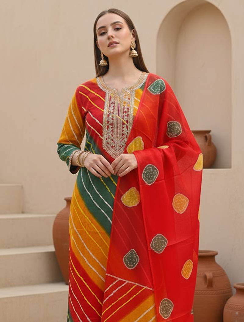 Multicolor printed georgette kurta trouser dupatta set