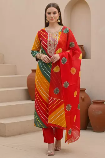Multicolor printed georgette kurta trouser dupatta set