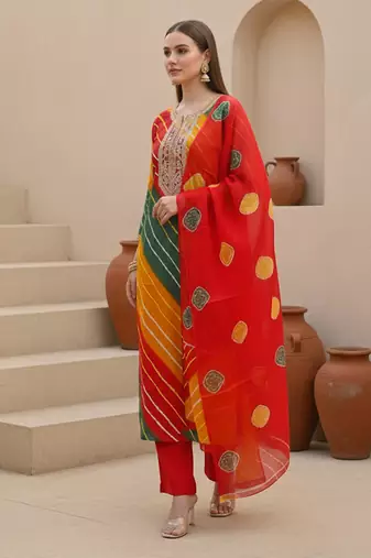 Multicolor printed georgette kurta trouser dupatta set