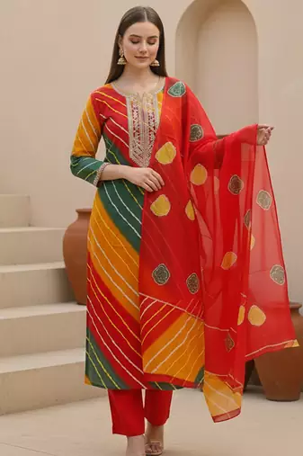 Multicolor printed georgette kurta trouser dupatta set