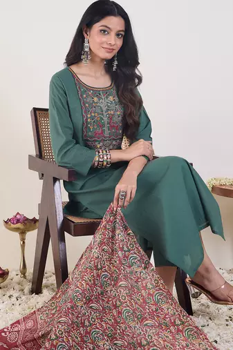 Green embroidered silk kurta trouser dupatta set