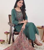 Green embroidered silk kurta trouser dupatta set