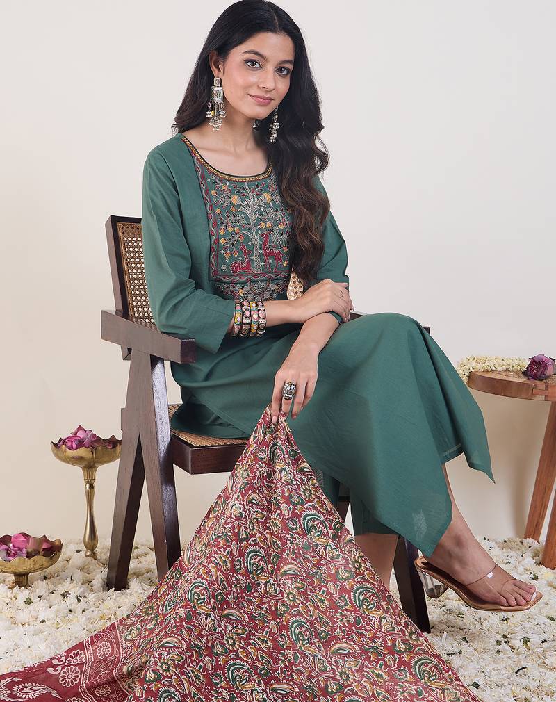 Green embroidered silk kurta trouser dupatta set
