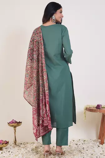 Green embroidered silk kurta trouser dupatta set
