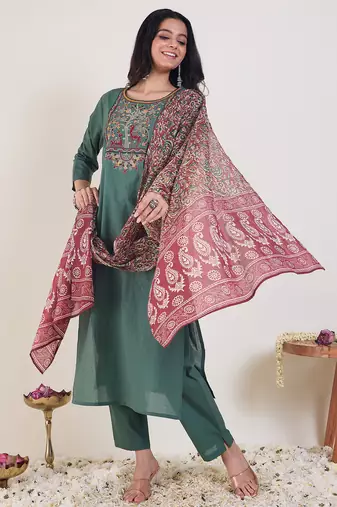 Green embroidered silk kurta trouser dupatta set
