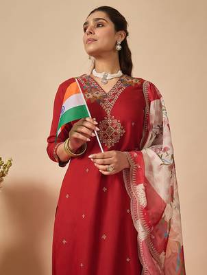 Orange embroidered viscose rayon kurta trouser dupatta set 1