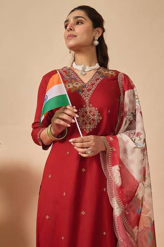 Orange embroidered viscose rayon kurta trouser dupatta set