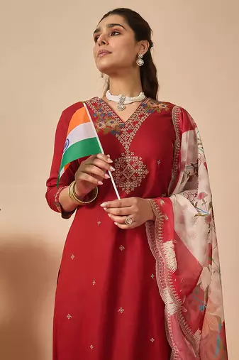 Orange embroidered viscose rayon kurta trouser dupatta set