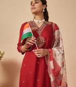 Orange embroidered viscose rayon kurta trouser dupatta set