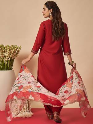 Orange embroidered viscose rayon kurta trouser dupatta set 2
