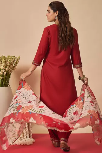Orange embroidered viscose rayon kurta trouser dupatta set