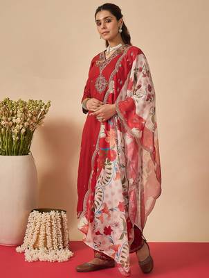 Orange embroidered viscose rayon kurta trouser dupatta set 3