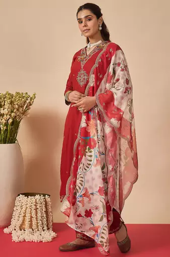 Orange embroidered viscose rayon kurta trouser dupatta set