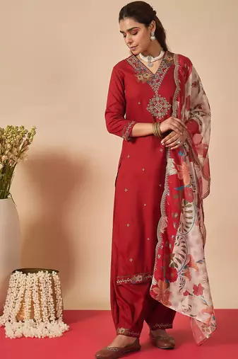 Orange embroidered viscose rayon kurta trouser dupatta set