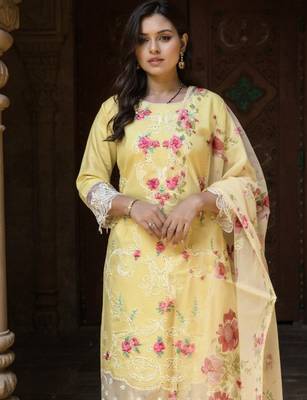 Yellow embroidered silk kurta trouser dupatta set 1