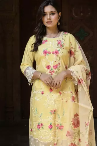 Yellow embroidered silk kurta trouser dupatta set