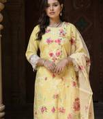 Yellow embroidered silk kurta trouser dupatta set
