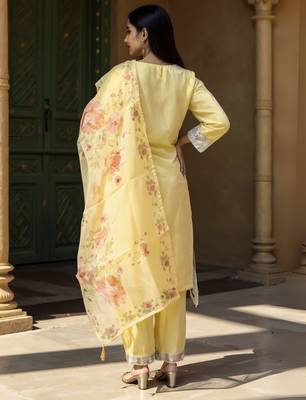 Yellow embroidered silk kurta trouser dupatta set 2