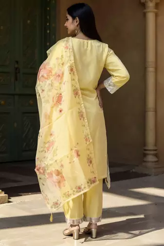 Yellow embroidered silk kurta trouser dupatta set