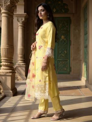 Yellow embroidered silk kurta trouser dupatta set 3
