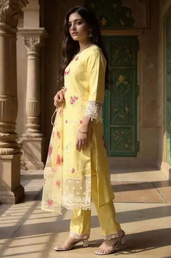 Yellow embroidered silk kurta trouser dupatta set