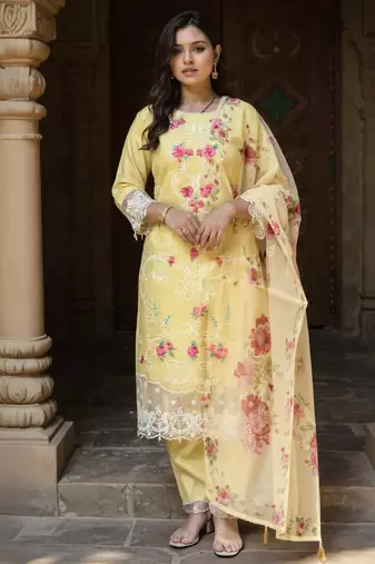 Yellow embroidered silk kurta trouser dupatta set