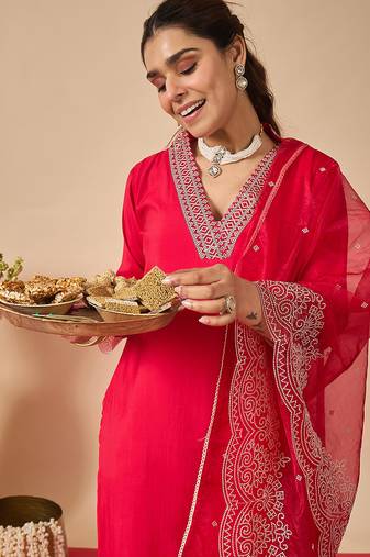 Pink embroidered silk kurta trouser dupatta set