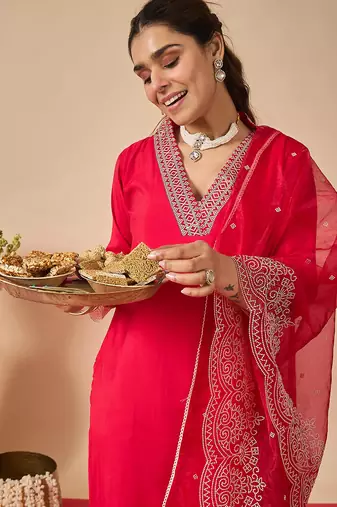 Pink embroidered silk kurta trouser dupatta set