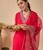 Pink embroidered silk kurta trouser dupatta set