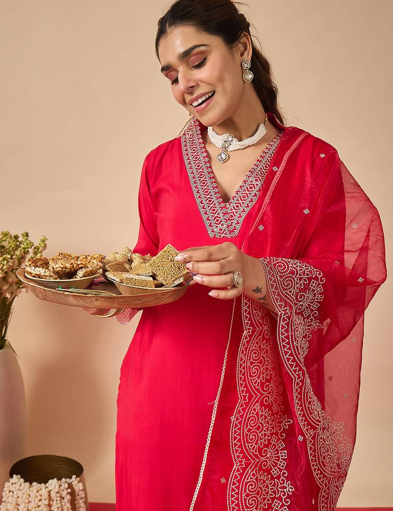 Pink embroidered silk kurta trouser dupatta set