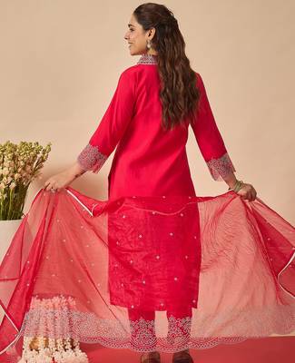 Pink embroidered silk kurta trouser dupatta set 2