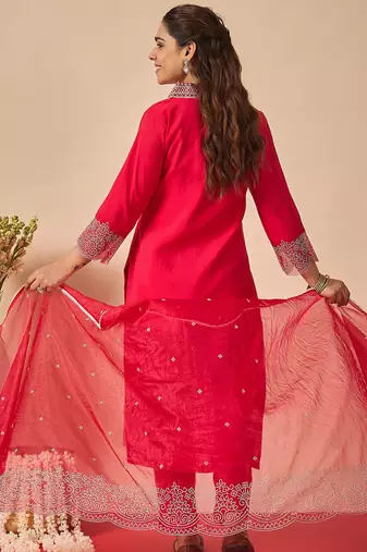 Pink embroidered silk kurta trouser dupatta set