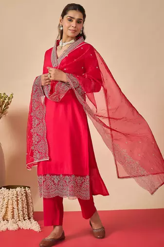 Pink embroidered silk kurta trouser dupatta set