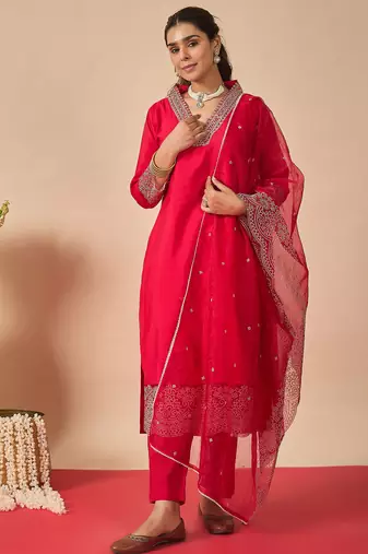 Pink embroidered silk kurta trouser dupatta set