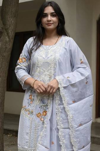 Blue embroidered pure cotton kurta trouser dupatta set