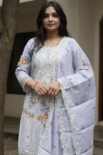 Blue embroidered pure cotton kurta trouser dupatta set