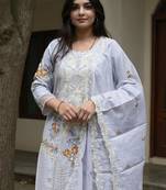 Blue embroidered pure cotton kurta trouser dupatta set