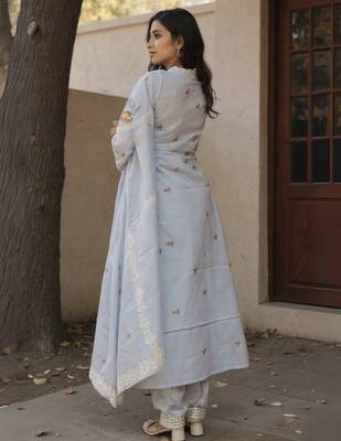 Blue embroidered pure cotton kurta trouser dupatta set 2