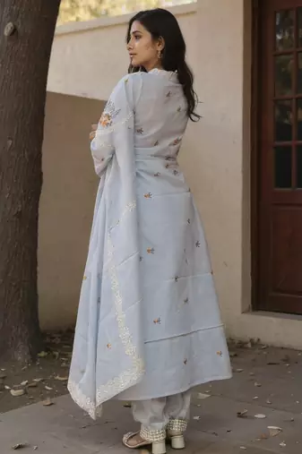 Blue embroidered pure cotton kurta trouser dupatta set