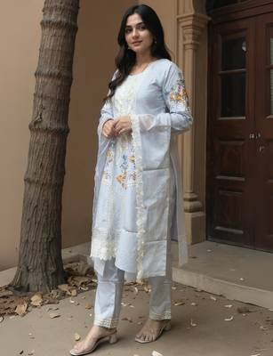 Blue embroidered pure cotton kurta trouser dupatta set 3