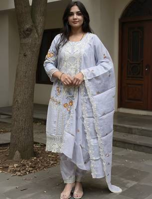 Blue embroidered pure cotton kurta trouser dupatta set 4