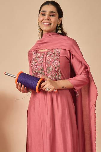 Pink embroidered silk kurta trouser dupatta set