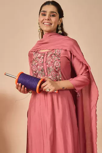 Pink embroidered silk kurta trouser dupatta set