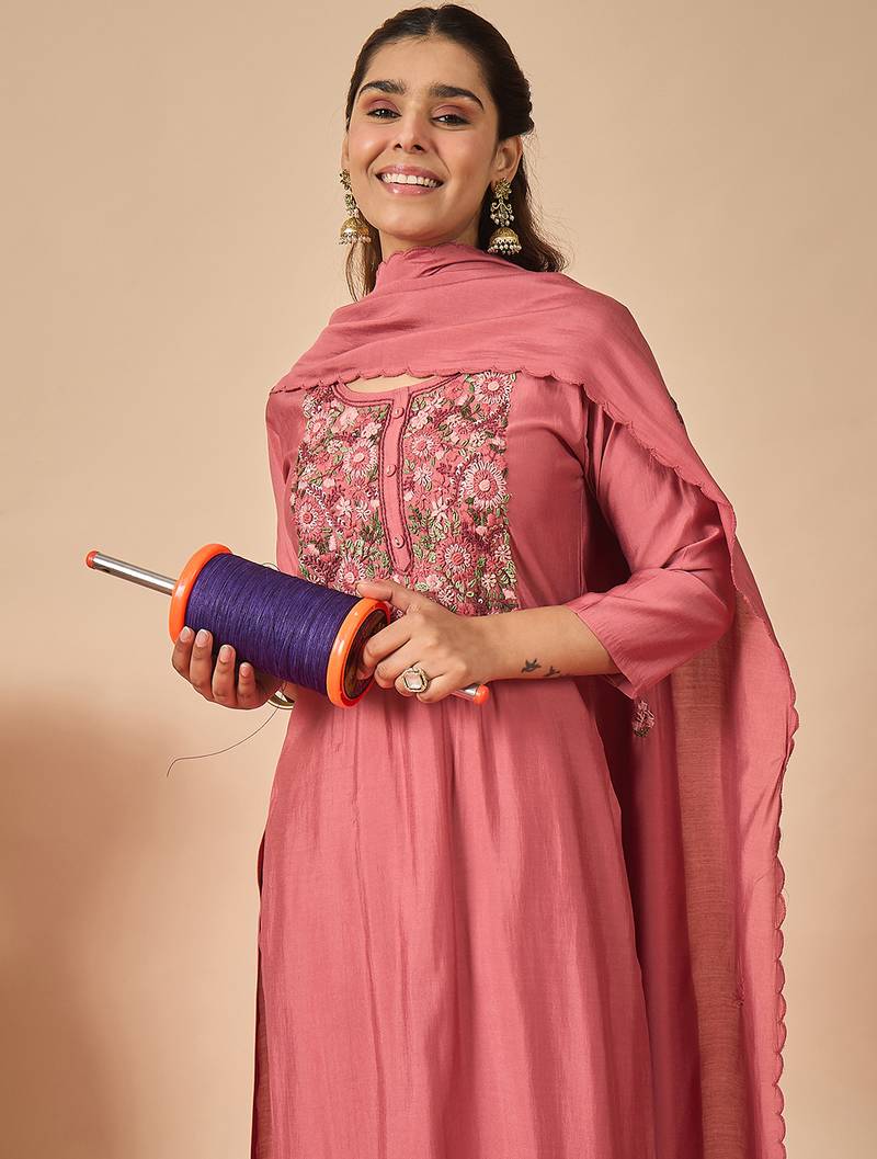 Pink embroidered silk kurta trouser dupatta set