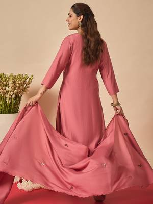 Pink embroidered silk kurta trouser dupatta set 2