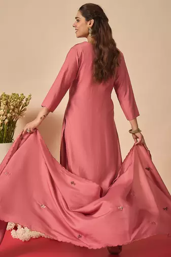 Pink embroidered silk kurta trouser dupatta set