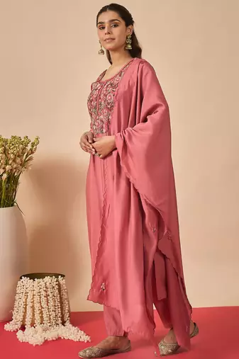 Pink embroidered silk kurta trouser dupatta set