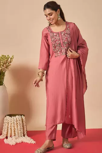 Pink embroidered silk kurta trouser dupatta set