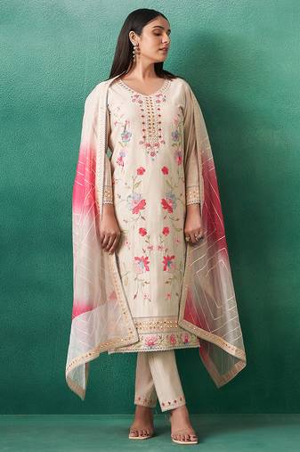 Cream embroidered silk kurta trouser dupatta set